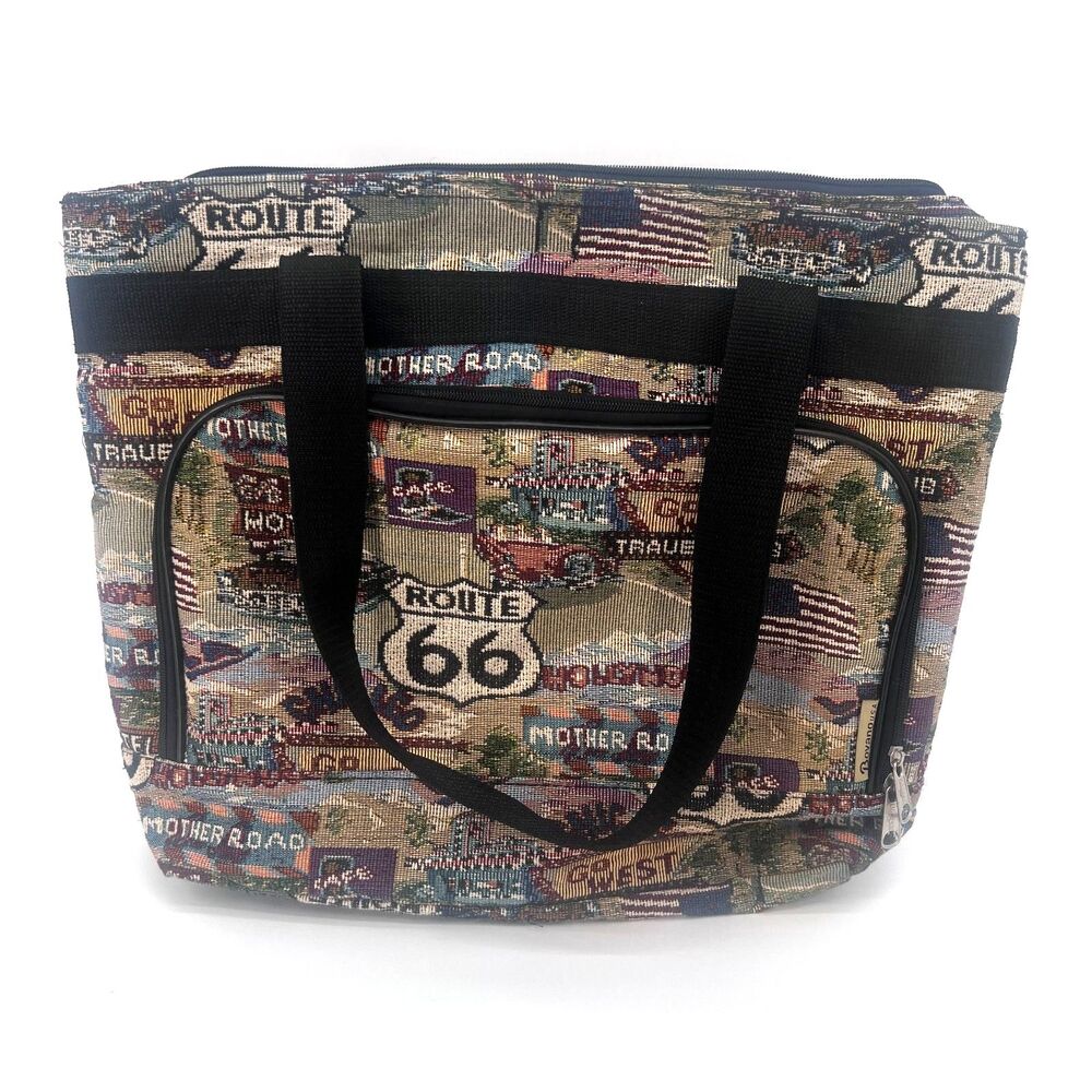 Bovano USA Tapestry Route 66 Travel Tote Shoulder Bag Needlepoint Boho MCM